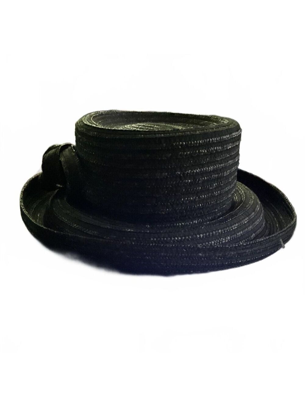Vintage Lady Rachel Black Wide Brim Woven Straw Hat Made in Italy M/L